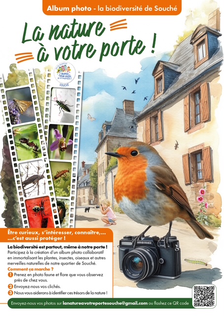 Affiche « La nature à votre porte » : album photo collaboratif sur la biodiversité de Souché, rouge-gorge perché sur un appareil photo - Agrandir l'image, fenêtre modale