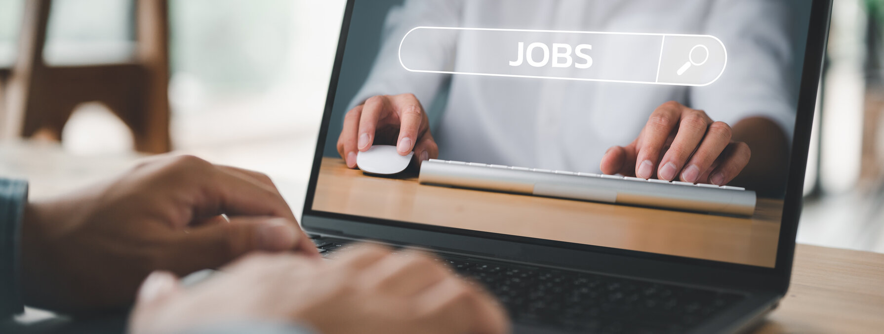 job search concept, man browsing work opportunities online using job search computer app. find your career, man looking at online website by laptop computer.