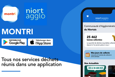 Application Montri de Niort Agglo : écran d'accueil affichant 25 462 tonnes collectées et les jours de collecte par adresse